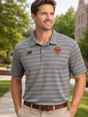 New Balance Boston College BC Polo Shirt Gray Black Striped Men’s Large NCAA